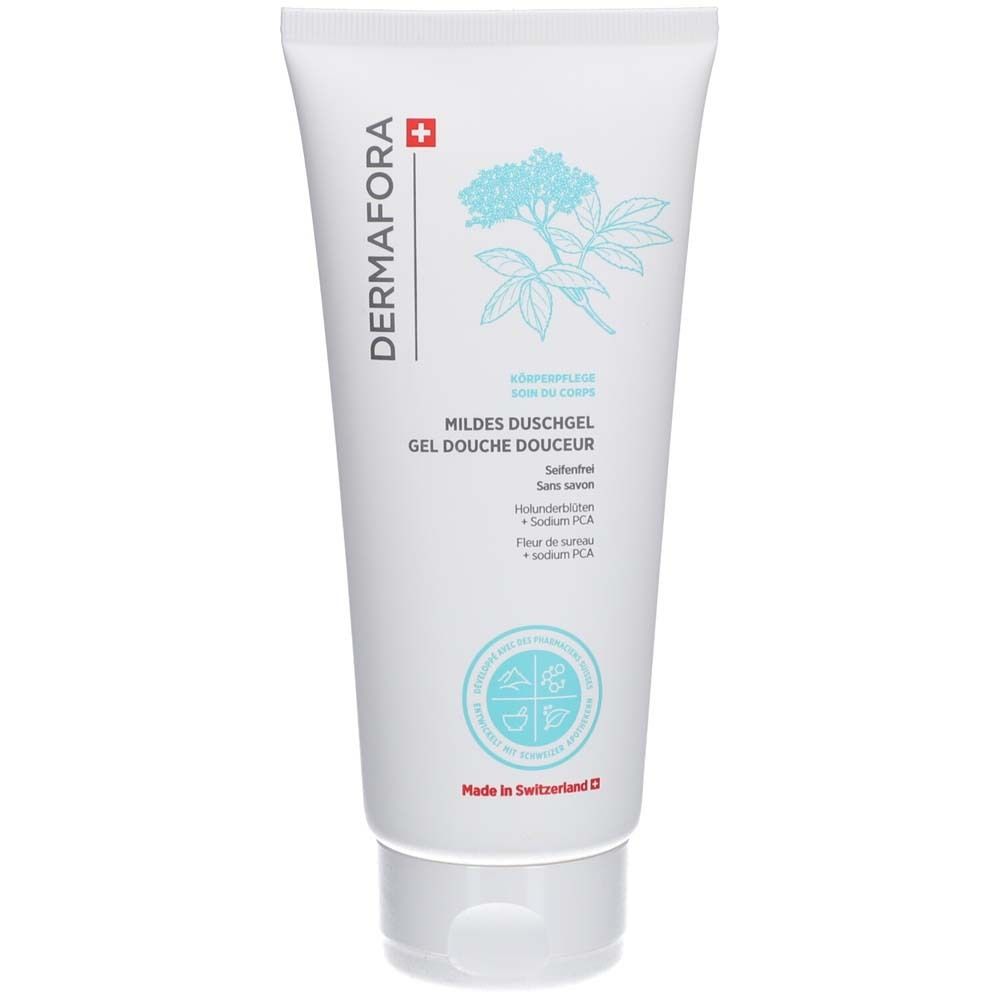 Weißes Duschgel-Tube mit Produktnamen und Logo. Enthält Holunderblüten und Sodium PCA. Hergestellt in der Schweiz.