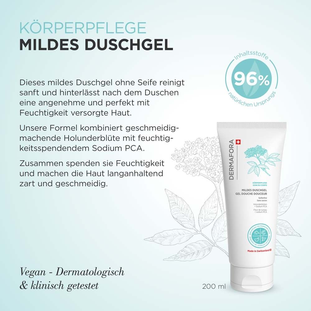 Produkt-Tube neben Text. 96% natürlichen Ursprungs. Vegan und dermatologisch getestet. Enthält Holunderblüten und Sodium PCA.
