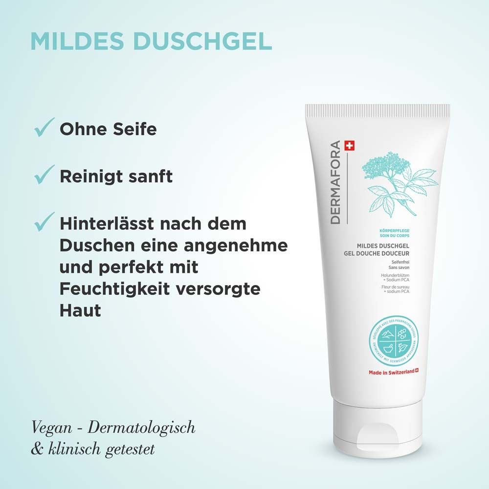 Duschgel-Tube mit Logo und Text. Ohne Seife, reinigt sanft, hinterlässt feuchtigkeitsversorgte Haut. Vegan und dermatologisch getestet.