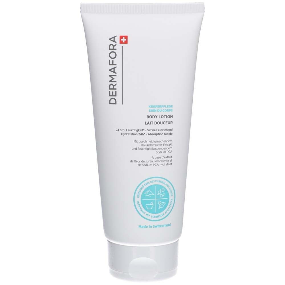 Weiße Tube mit DERMAFORA-Logo und Produktbezeichnung. Text: Body Lotion, 24h Feuchtigkeit, zieht schnell ein.