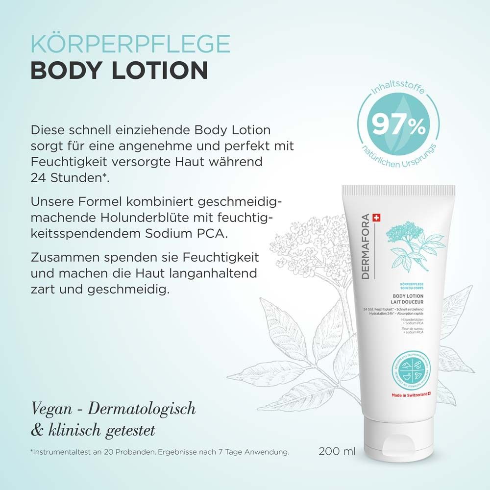 Produktbeschreibung: Body Lotion. Text: 24h Feuchtigkeit, vegan, dermatologisch getestet. 97% natürliche Ursprungs. 200 ml.