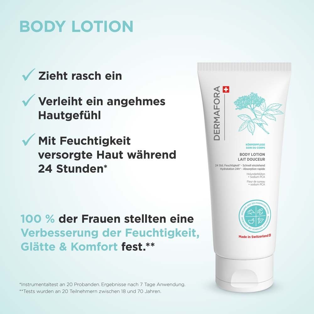 Produktbeschreibung: Body Lotion. Text: Zieht rasch ein, verleiht angenehmes Hautgefühl, 24h Feuchtigkeit. 100% bestätigen.