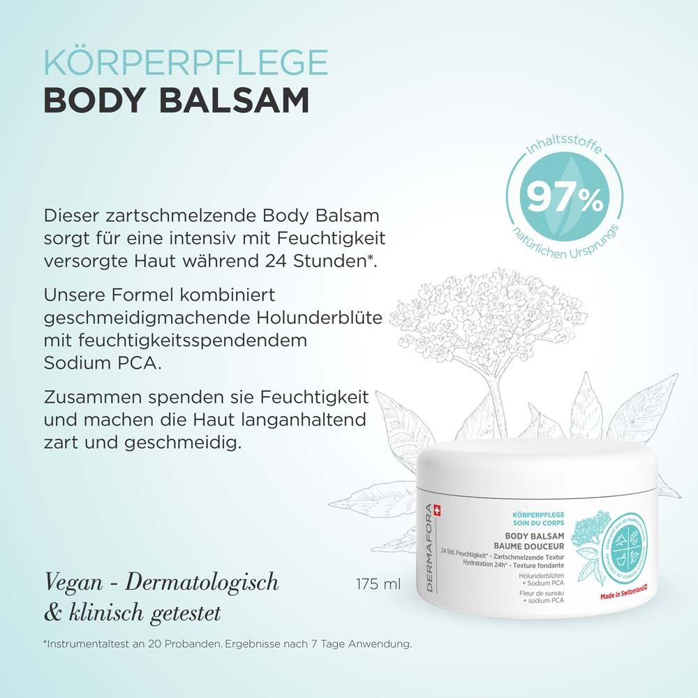 Weißer Tiegel mit Text und Illustrationen. Text: DERMAFORA, Body Balsam, 24h Feuchtigkeit. Vegan, dermatologisch & klinisch getestet. 175 ml.