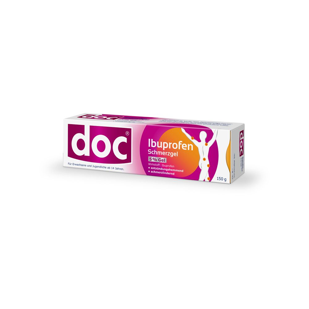 Schachtel mit doc® Ibuprofen Schmerzgel. Weiß, pink und orangefarben. Text: Ibuprofen Schmerzgel 5% Gel.