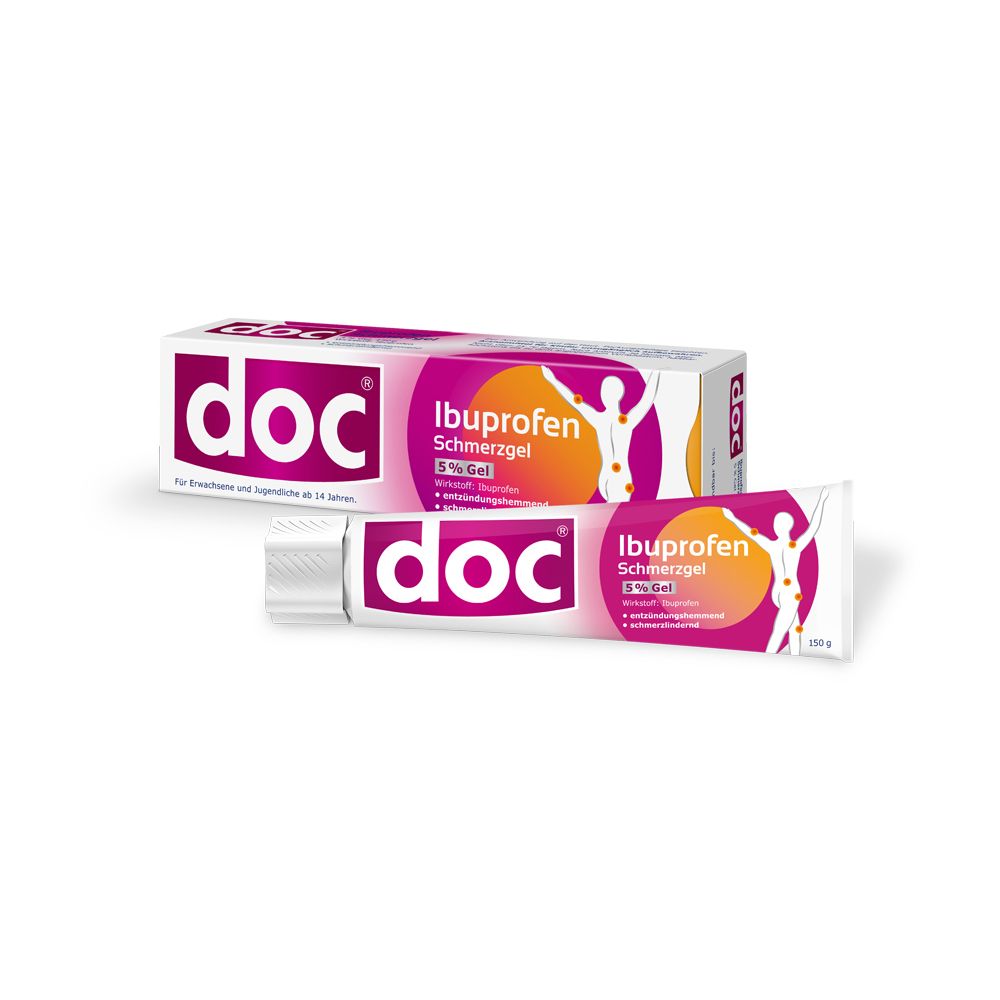 Packung doc® Ibuprofen Schmerzgel und Tube. Weiß, pink und orangefarben. Text: Ibuprofen Schmerzgel 5% Gel.