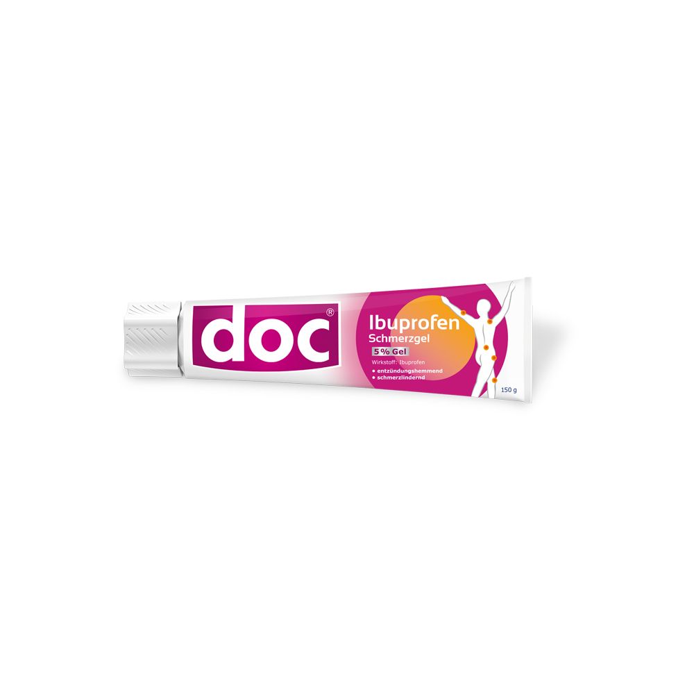 Tube doc® Ibuprofen Schmerzgel. Weiß, pink und orangefarben. Text: Ibuprofen Schmerzgel 5% Gel.