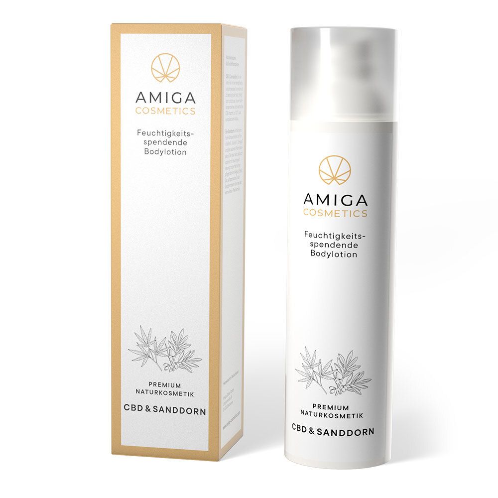 Weiße Bodylotion-Flasche und Karton. Aufschrift: AMIGA COSMETICS, Feuchtigkeitsspendende Bodylotion, CBD & Sanddorn.