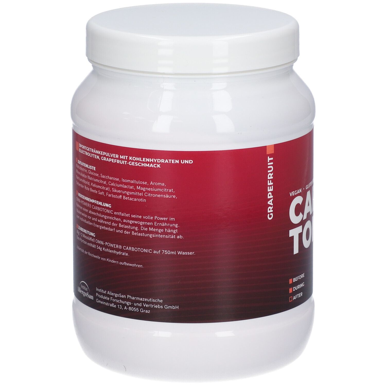 Weißer Behälter mit rotem Etikett. OMNi-POWER CARBOTONIC, Grapefruit. Text mit Inhaltsstoffen und Anwendungshinweisen.