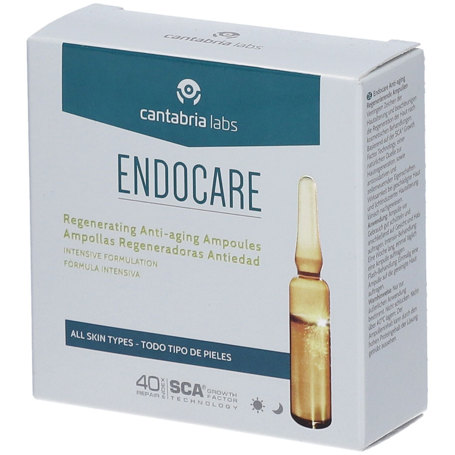 Weißer Karton mit "ENDOCARE" und Ampulle. Text: Regenerierende Anti-Aging Ampullen. Für alle Hauttypen.