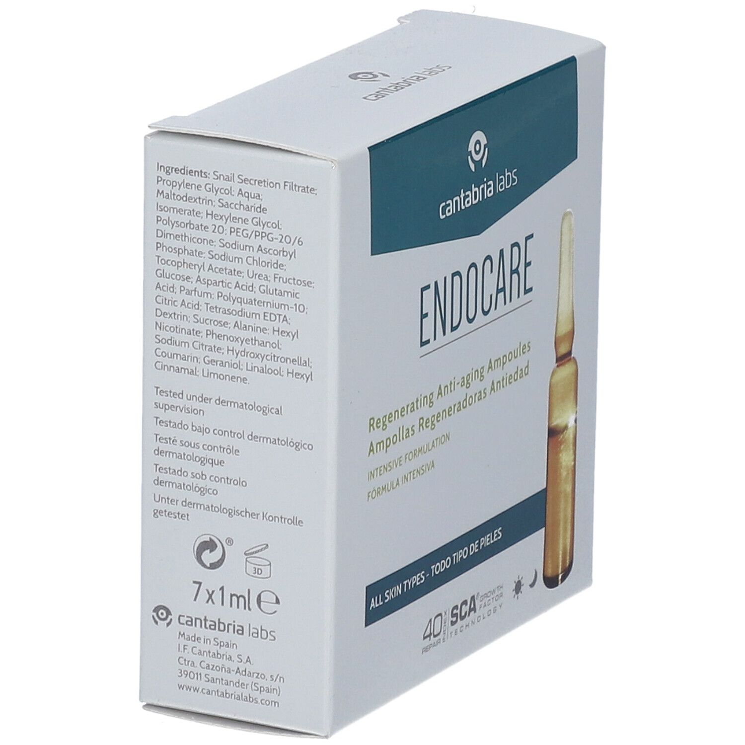 Karton mit "ENDOCARE" und Ampulle. Inhaltsstoffe und Text. 7x1ml. Dermatologisch getestet.