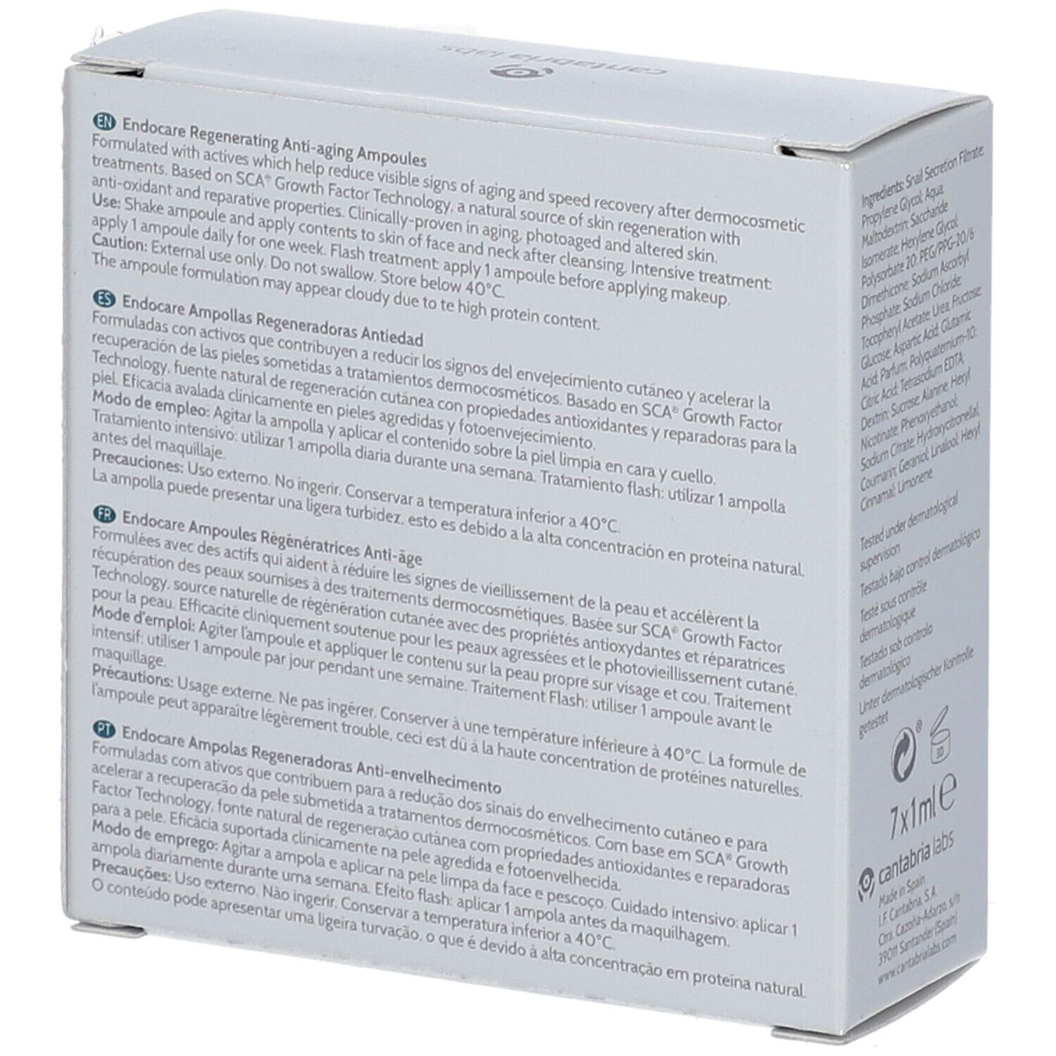 Rückseite der "ENDOCARE"-Verpackung. Text in mehreren Sprachen. Inhaltsstoffe und Anwendungshinweise.