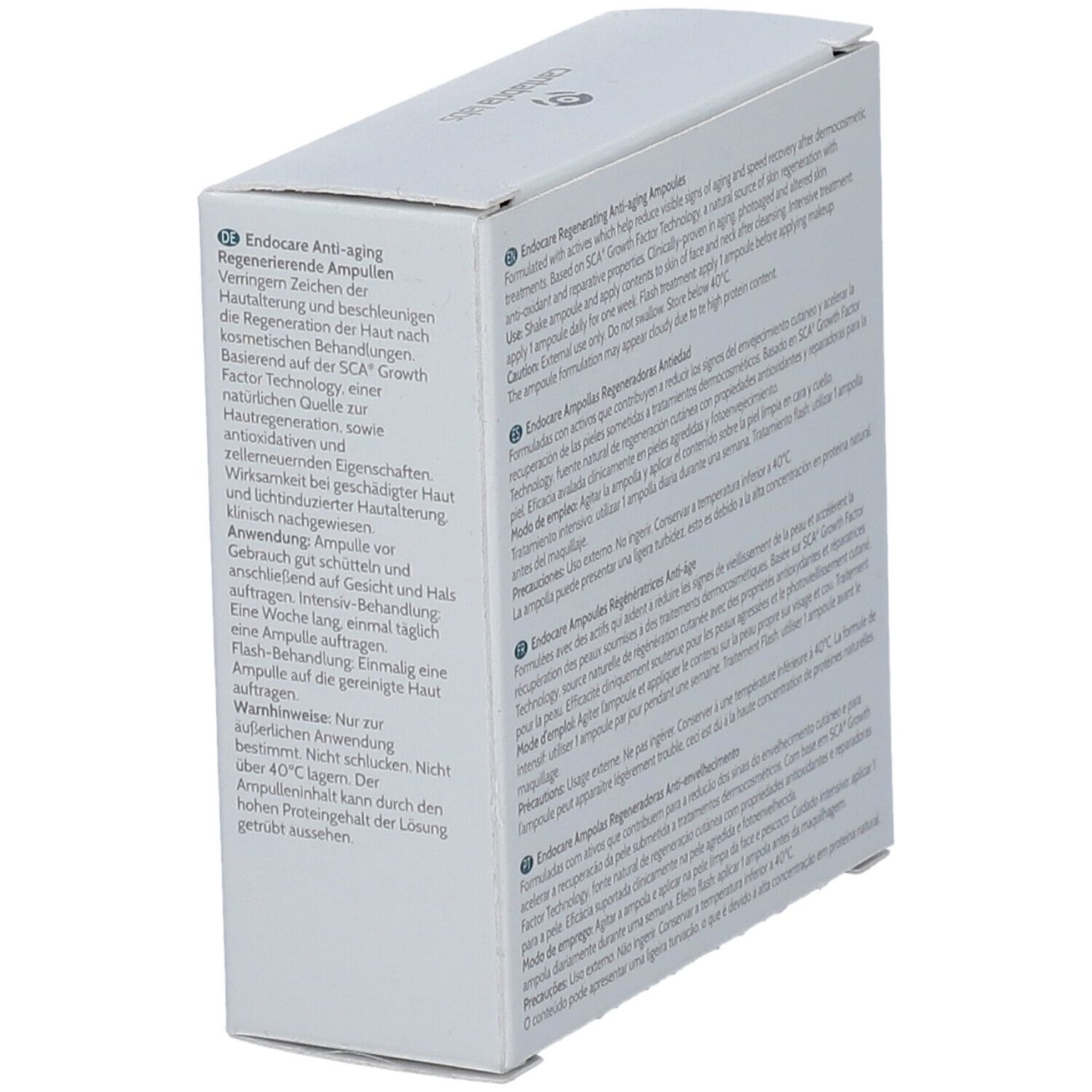 Seitenansicht der "ENDOCARE"-Verpackung. Text in mehreren Sprachen. Anwendungshinweise.