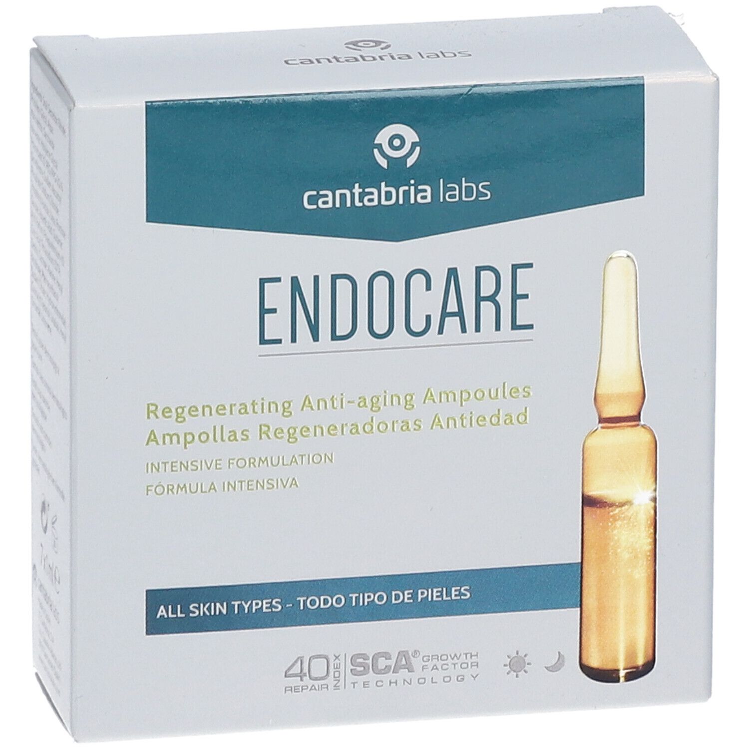 Weißer Karton mit "ENDOCARE" und Ampulle. Text: Regenerierende Anti-Aging Ampullen. Für alle Hauttypen.