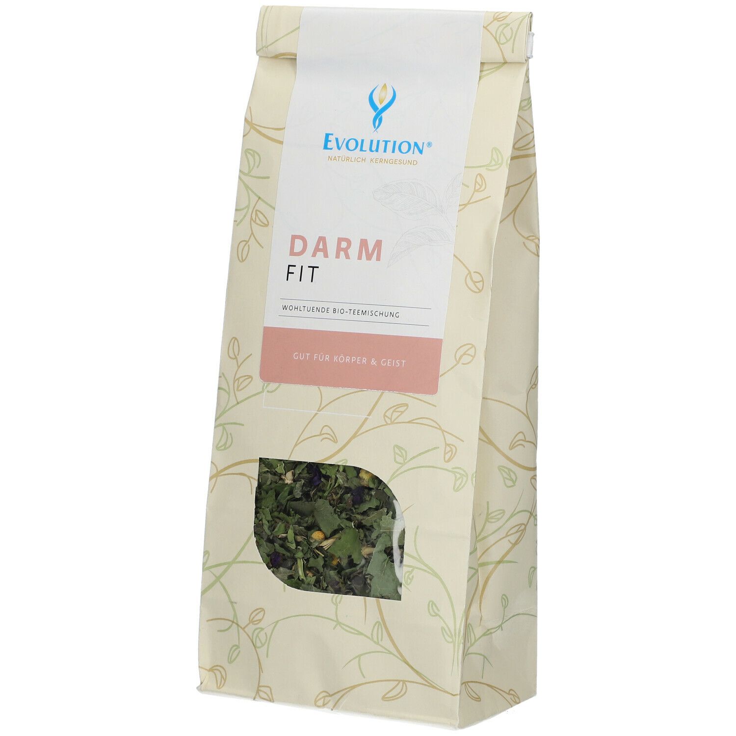 Beutel mit EVOLUTION® Darm Fit Bio-Kräutertee. Sichtfenster zeigt Kräutermischung. Logo und Produktname auf der Verpackung.