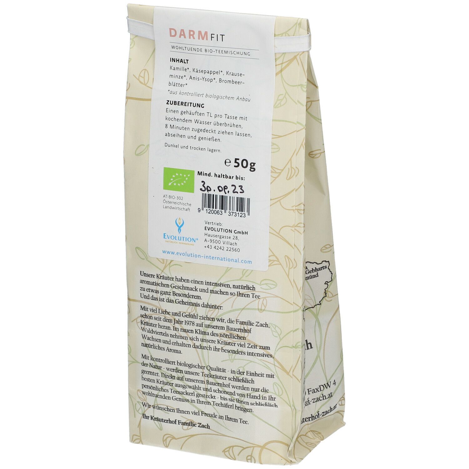 Rückseite des Beutels mit EVOLUTION® Darm Fit Bio-Kräutertee. Zutaten, Zubereitung und Mindesthaltbarkeitsdatum sind angegeben. Bio-Siegel.