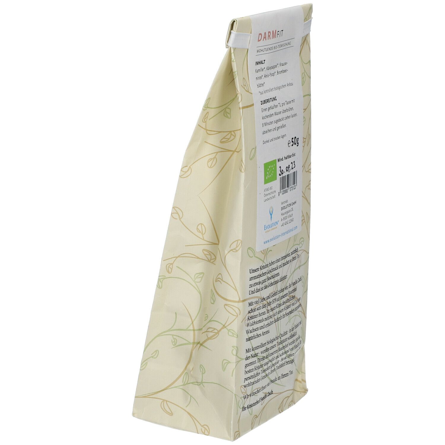 Seitenansicht des Beutels mit EVOLUTION® Darm Fit Bio-Kräutertee. Bio-Siegel und Mindesthaltbarkeitsdatum sind sichtbar. 50g.
