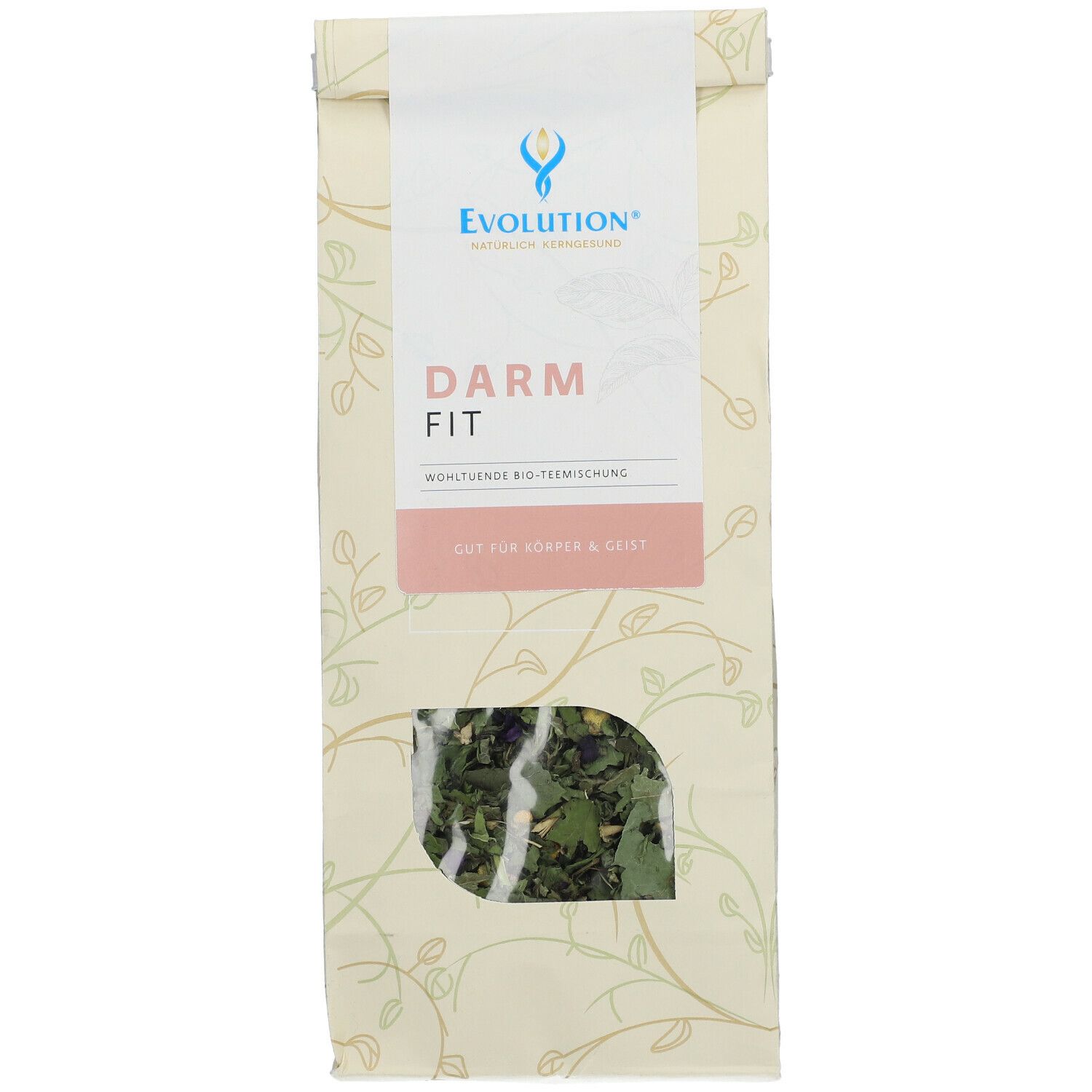 Beutel mit EVOLUTION® Darm Fit Bio-Kräutertee. Sichtfenster zeigt Kräutermischung. Logo und Produktname auf der Verpackung.