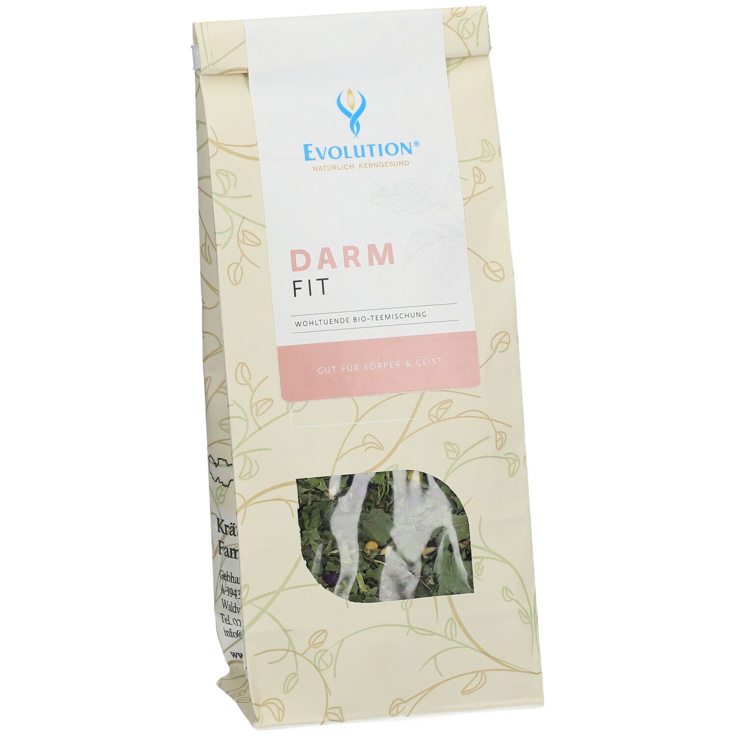 Beutel mit EVOLUTION® Darm Fit Bio-Kräutertee. Sichtfenster zeigt Kräutermischung. Logo und Produktname auf der Verpackung.