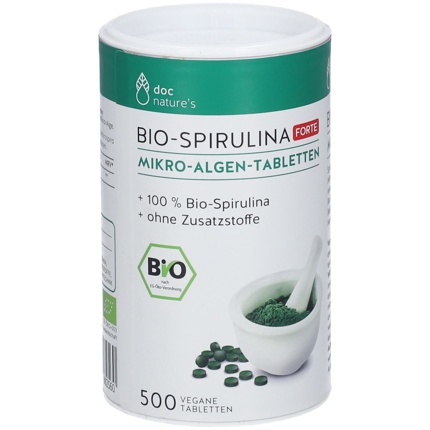 Zylindrische Dose mit "doc nature's BIO-SPIRULINA FORTE". Grüne Tabletten und Pulver in Schale. Bio-Siegel.