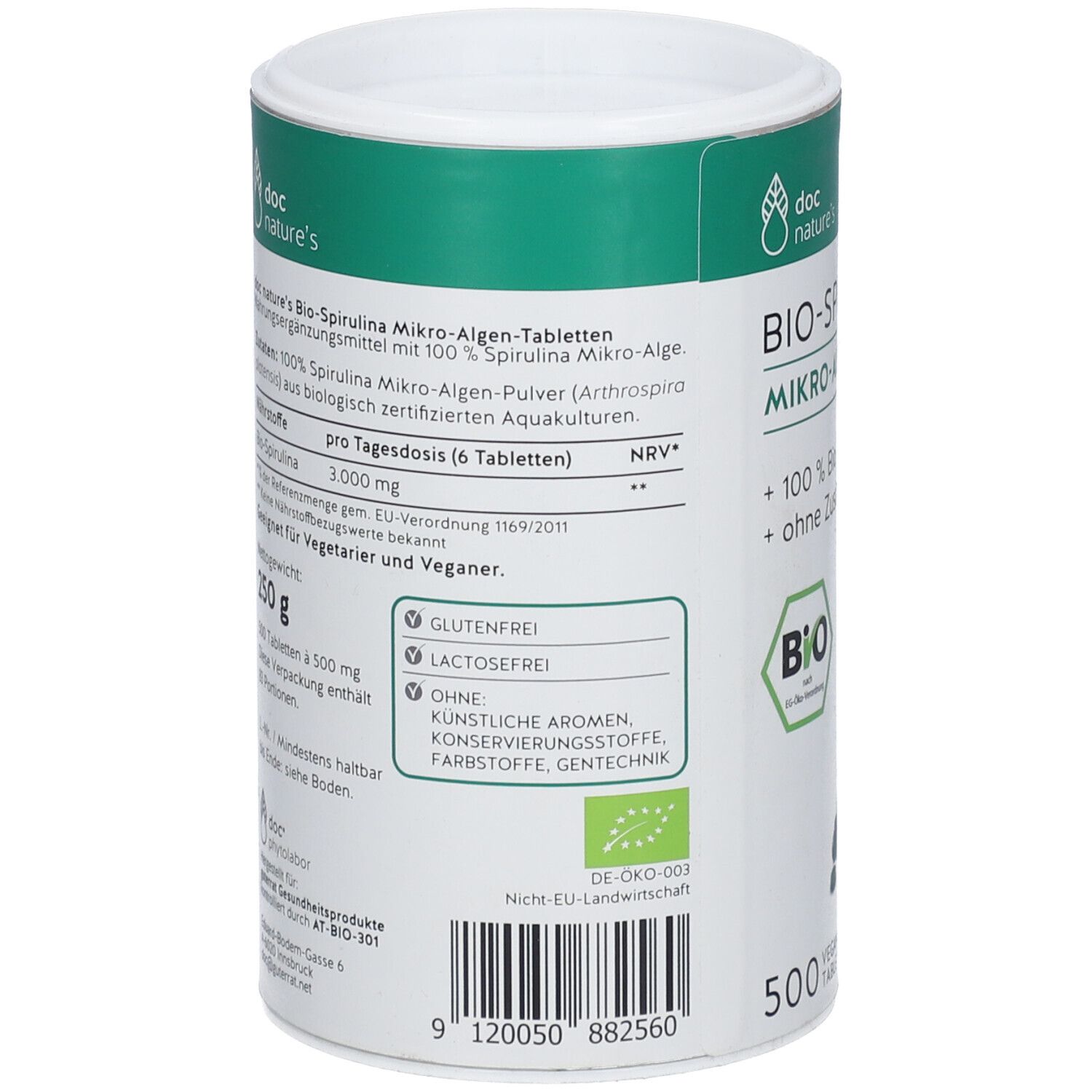 Rückseite der Dose "doc nature's BIO-SPIRULINA FORTE". Text mit Nährwertangaben, Inhaltsstoffen und Zertifizierungen.