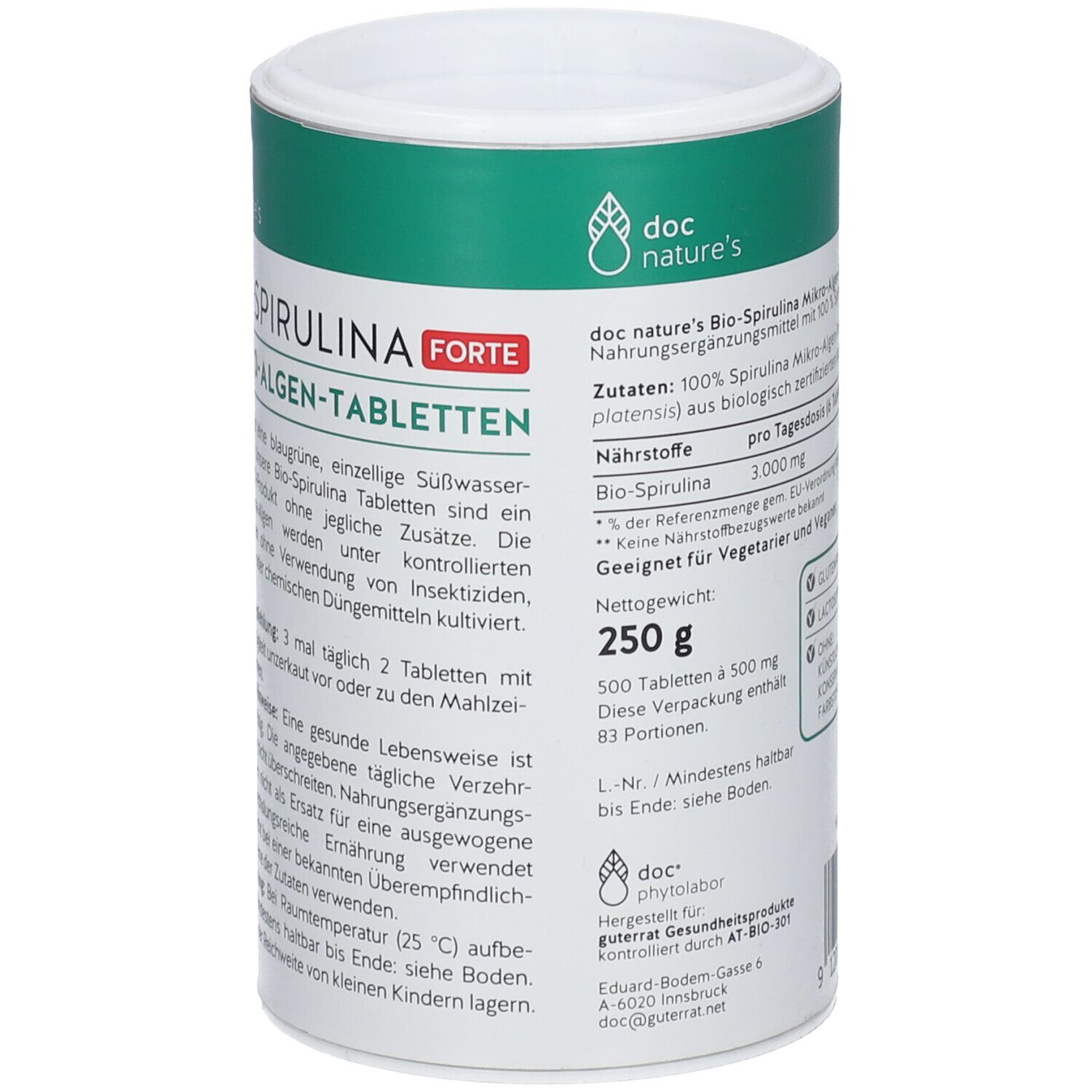 Rückseite der Dose "doc nature's BIO-SPIRULINA FORTE". Text mit Verzehrempfehlung und Nährwertangaben.