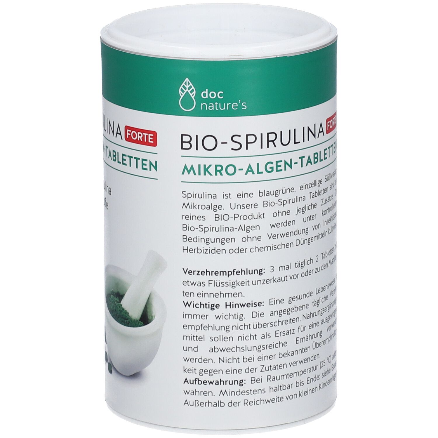 Zylindrische Dose "doc nature's BIO-SPIRULINA FORTE". Text mit Verzehrempfehlung und Nährwertangaben.