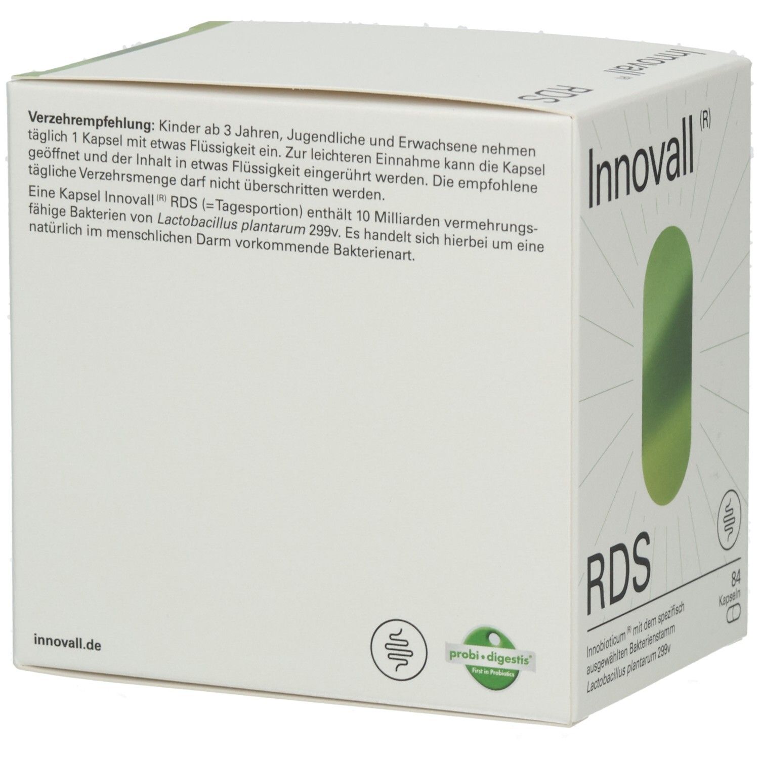 Weiße Schachtel mit grünem Oval. Aufschrift: Innovall RDS. Enthält probi+digest. Verzehrempfehlung: 1 Kapsel täglich.
