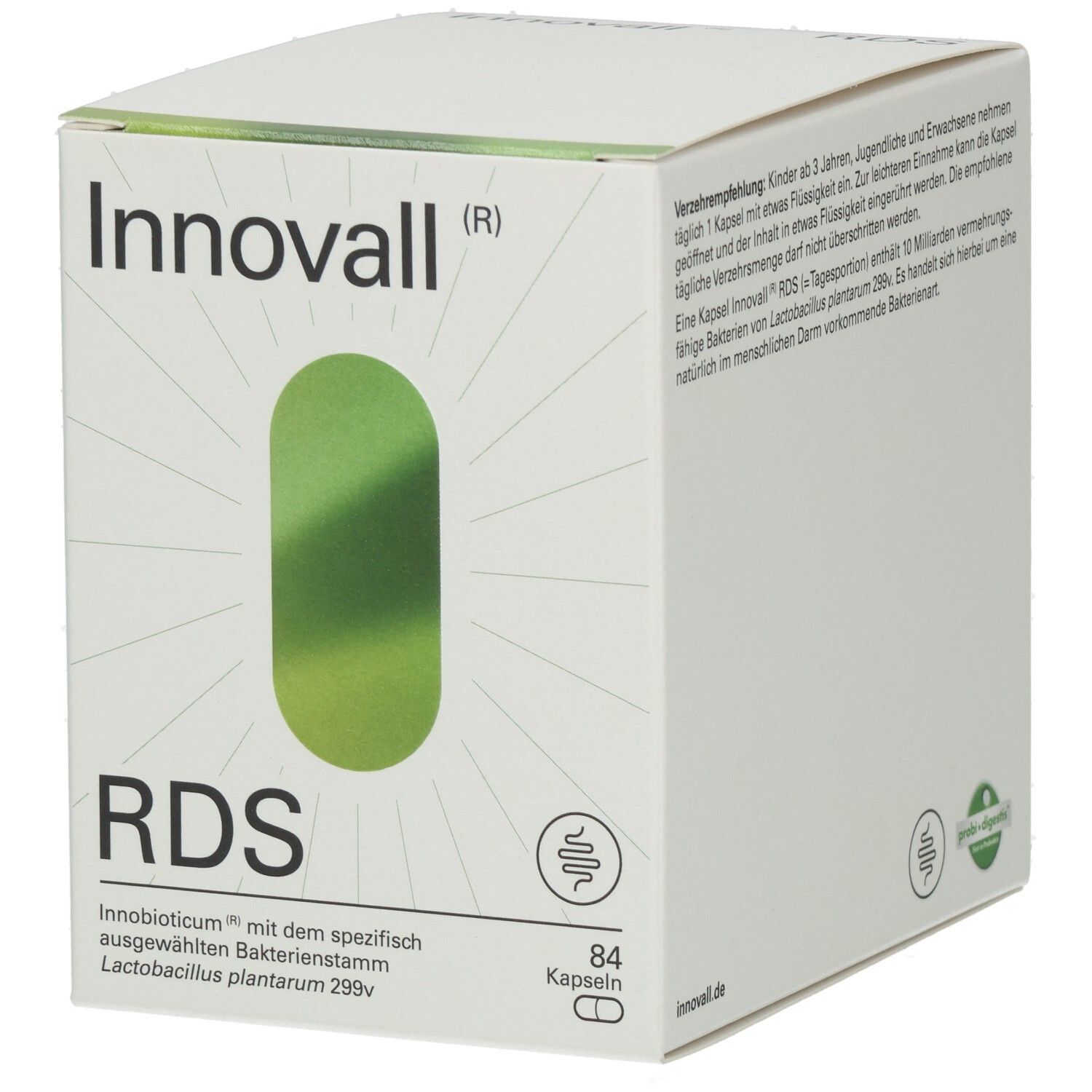 Weiße Schachtel mit grünem Oval. Aufschrift: Innovall RDS, 84 Kapseln. Enthält probi+digest. Anti-aging-Symbol.
