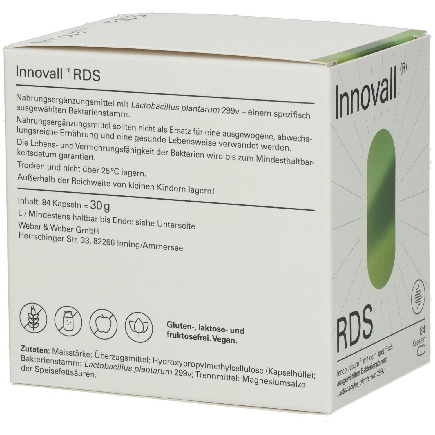 Weiße Schachtel mit grünem Oval. Aufschrift: Innovall RDS, 84 Kapseln. Zutaten: Maisstärke, etc. Gluten-, laktose- und fruktosefrei.