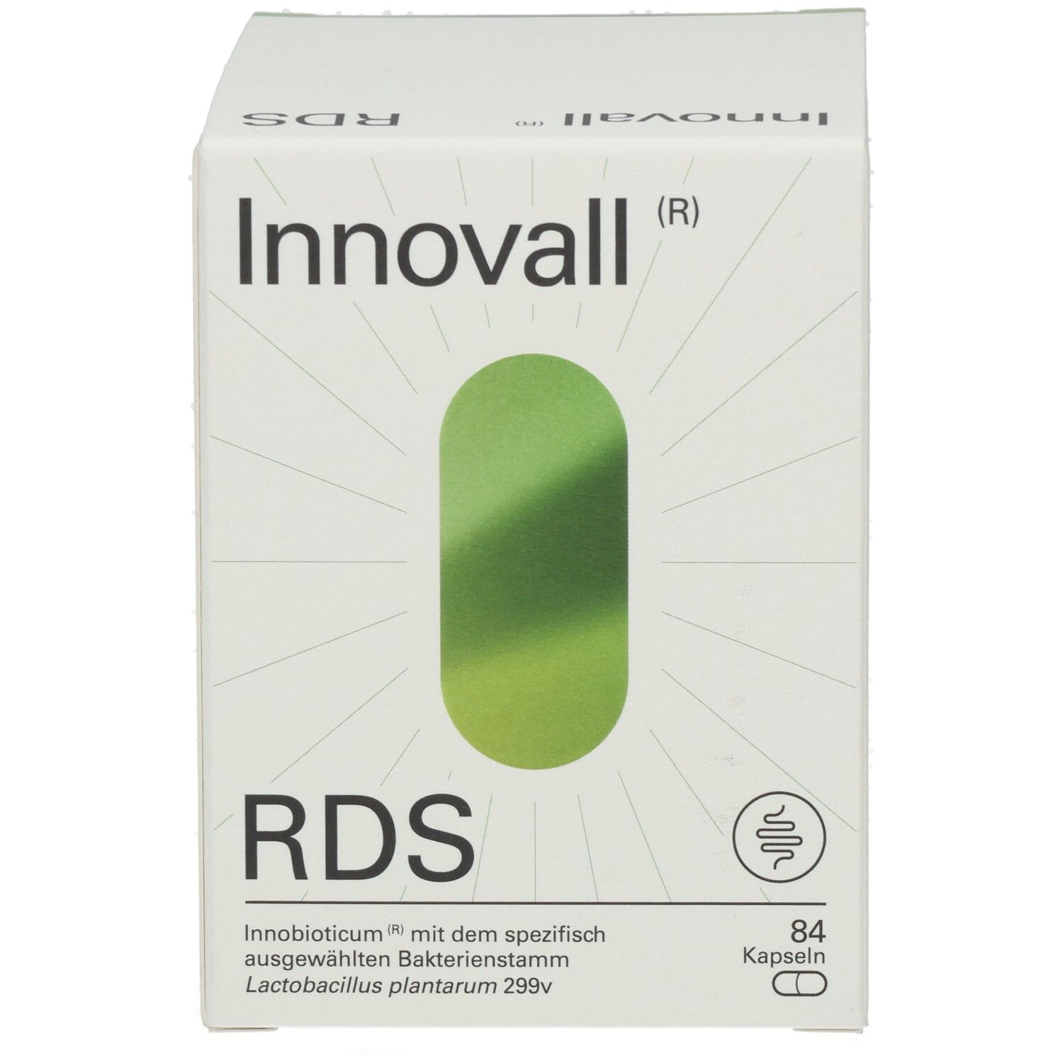 Weiße Schachtel mit grünem Oval. Aufschrift: Innovall RDS, 84 Kapseln. Enthält Lactobacillus plantarum 299v.