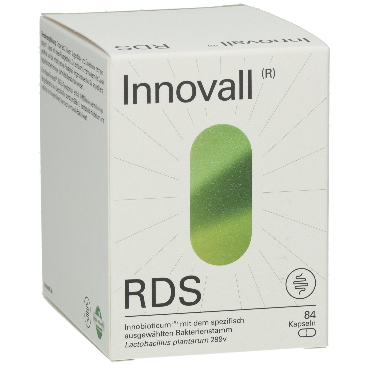 Weiße Schachtel mit grünem Oval. Aufschrift: Innovall RDS, 84 Kapseln. Enthält Lactobacillus plantarum 299v.