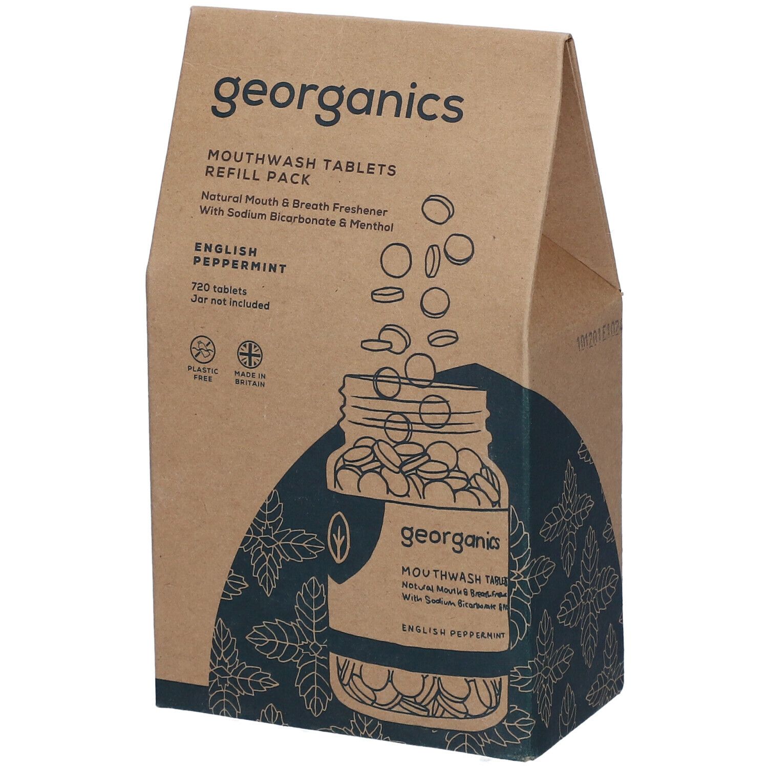 Kartonverpackung mit Mundwasser-Tabletten. Aufdruck: georganics, Englische Pfefferminze, 720 Tabletten. Kunststofffrei, Made in Britain.