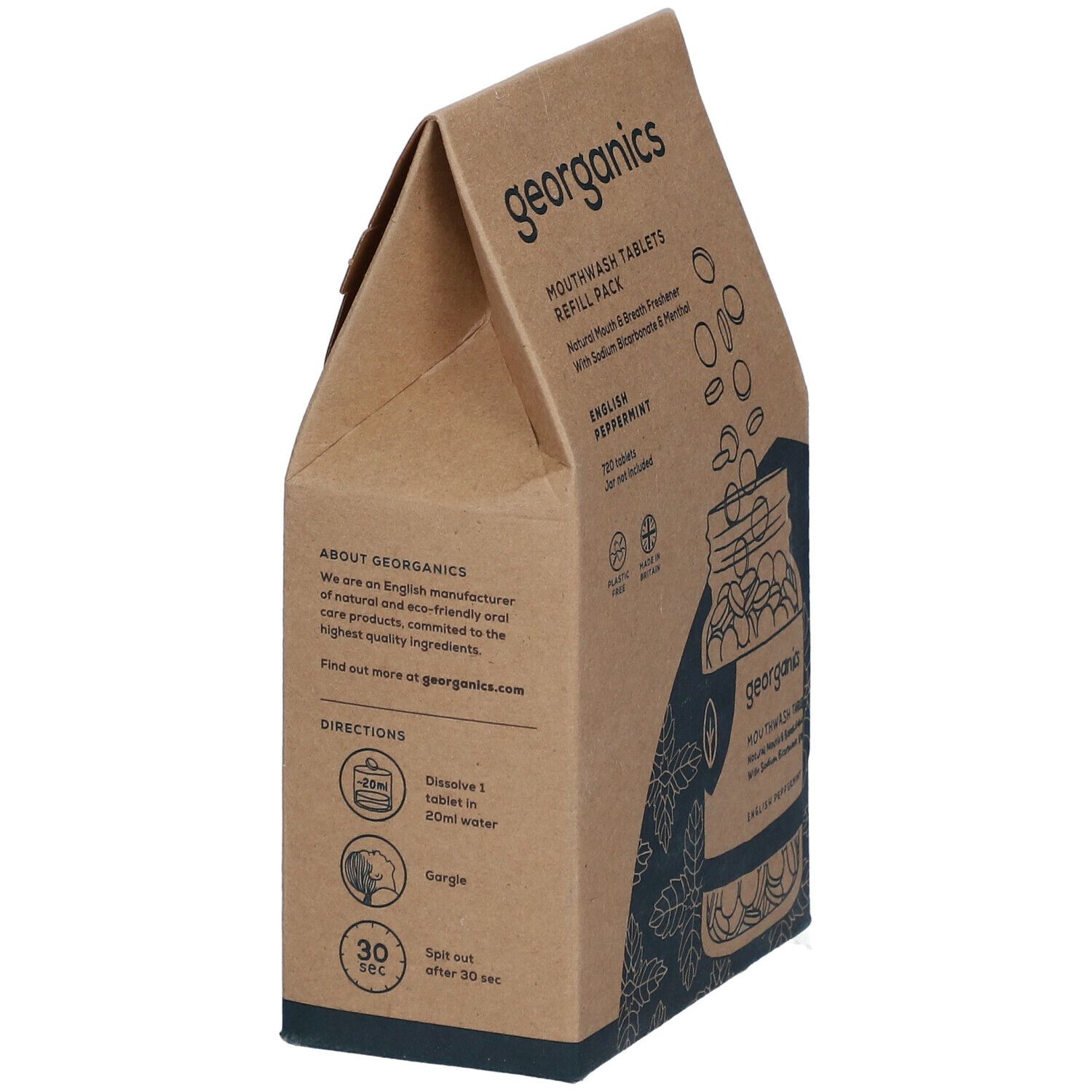 Kartonverpackung mit Mundwasser-Tabletten. Aufdruck: georganics. Enthält Informationen über das Produkt und die Anwendung. Made in Britain.