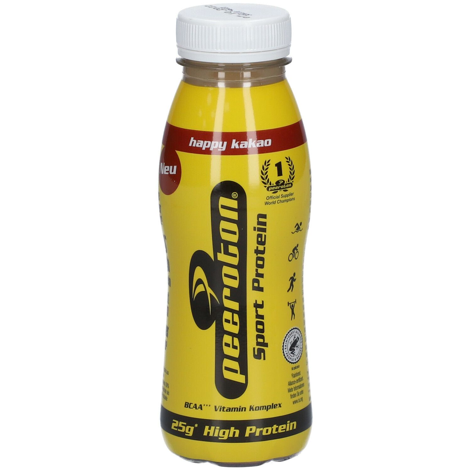 Gelbe Flasche peeroton® Sport Protein Happy Kakao. Mit weißem Deckel. Aufschrift: Sport Protein, 25g High Protein.