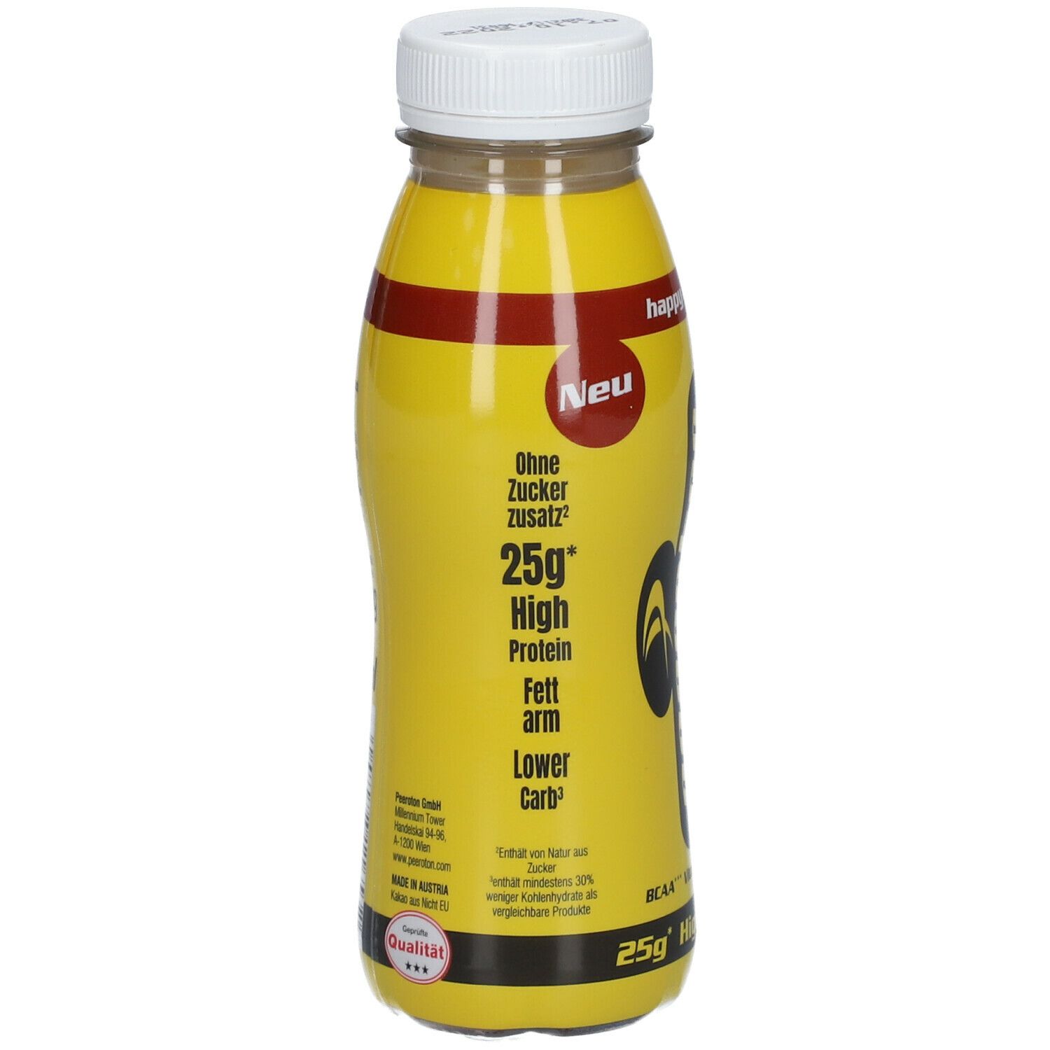 Gelbe Flasche peeroton® Sport Protein Happy Kakao. Mit weißem Deckel. Aufschrift: Ohne Zuckerzusatz, 25g High Protein.