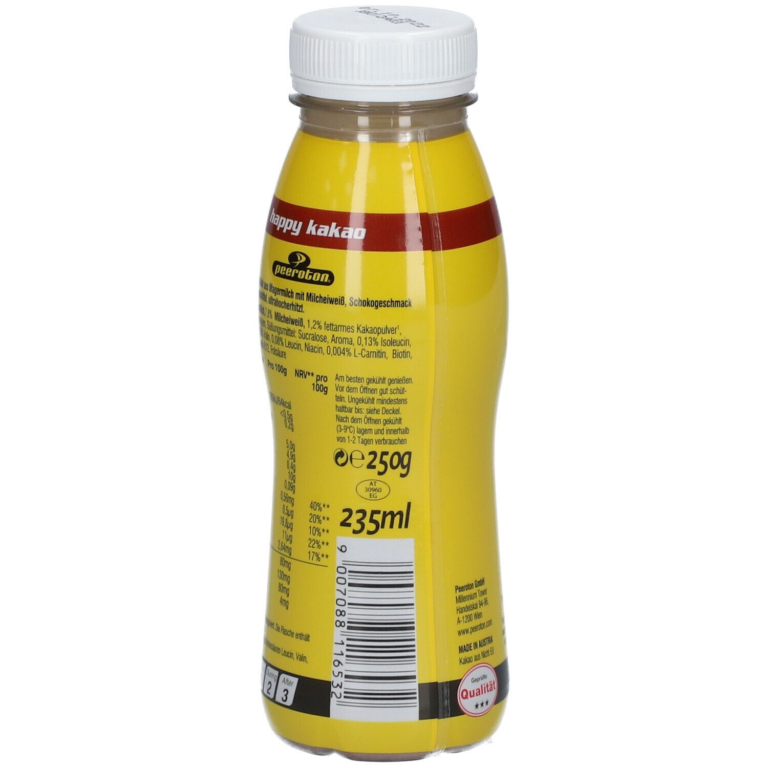 Gelbe Flasche peeroton® Sport Protein Happy Kakao. Mit weißem Deckel. Aufschrift: 235ml, Nährwertangaben.