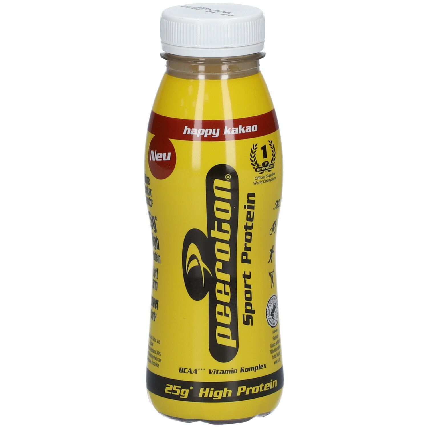 Gelbe Flasche peeroton® Sport Protein Happy Kakao. Mit weißem Deckel. Aufschrift: Sport Protein, 25g High Protein.