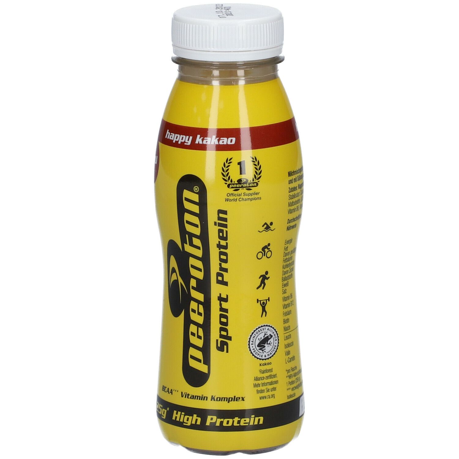 Gelbe Flasche peeroton® Sport Protein Happy Kakao. Mit weißem Deckel. Aufschrift: Sport Protein, 25g High Protein, Icons.