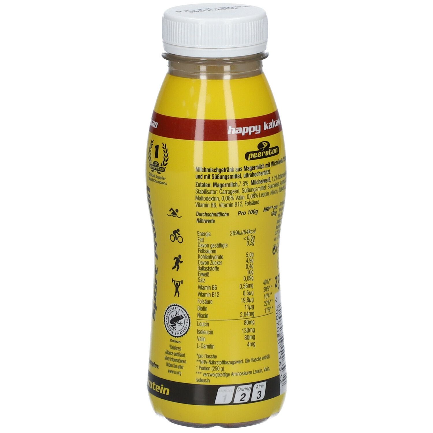 Gelbe Flasche peeroton® Sport Protein Happy Kakao. Mit weißem Deckel. Aufschrift: Nährwertangaben, Icons.