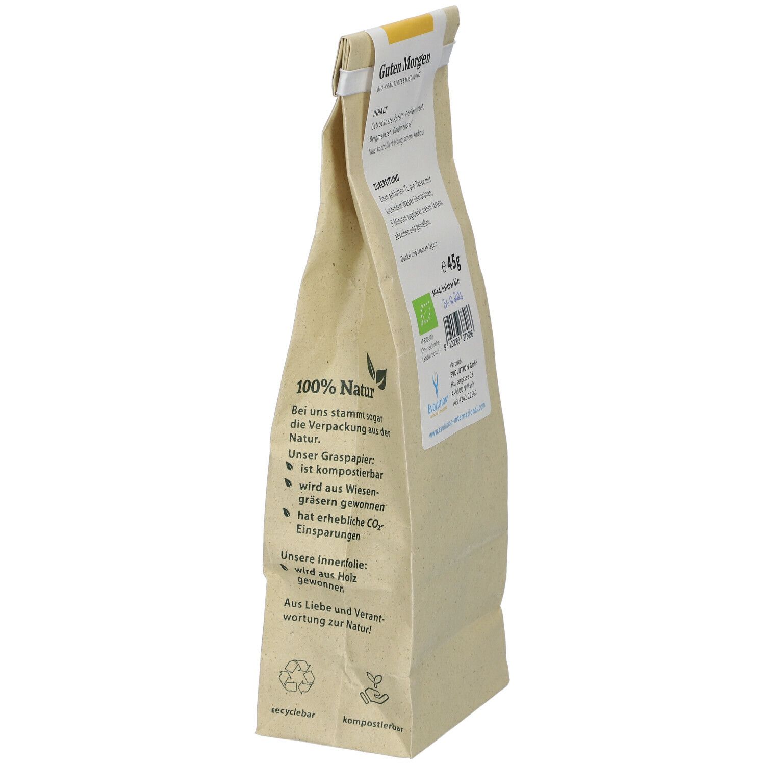 Rückseite des Beutels. Aufdruck: 100% Natur, Bio-Siegel, 45g. Text über Verpackung aus Gras und Kompostierbarkeit.