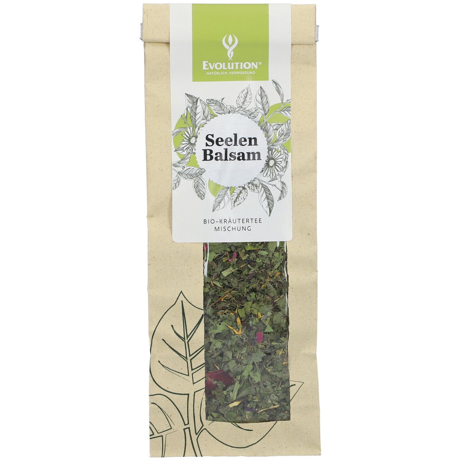 Beutel mit Kräutermischung. Sichtbares Etikett mit "Seelen Balsam" und "Bio-Kräutertee". Sichtfenster zeigt Kräuter.