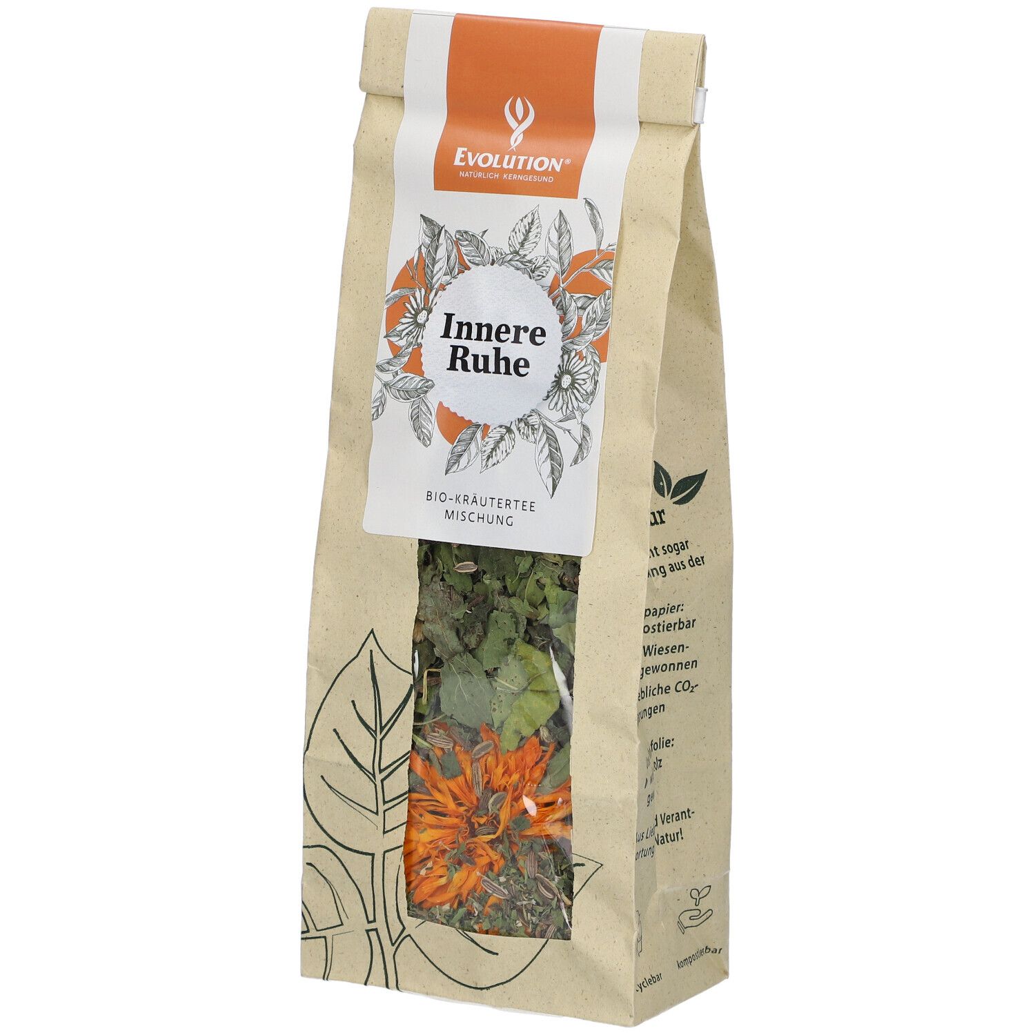 Beutel mit Kräutermischung. Aufschrift: Innere Ruhe, Bio-Kräutertee Mischung. Sichtbar: getrocknete Kräuter und Blüten.