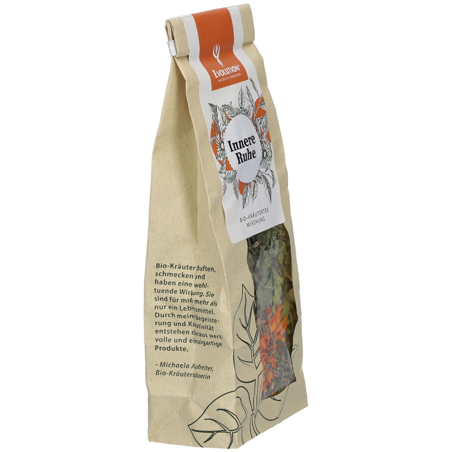 Beutel mit Kräutermischung. Aufschrift: Innere Ruhe, Bio-Kräutertee Mischung. Sichtbar: getrocknete Kräuter und Blüten. Ansicht schräg.