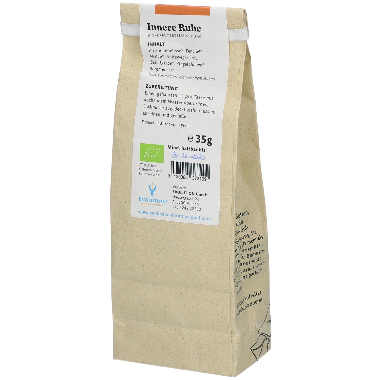 Rückseite des Kräutertee-Beutels. Aufschrift: Innere Ruhe, Zutaten, Zubereitung, Mind. haltbar bis. Bio-Siegel und Gewicht 35g.