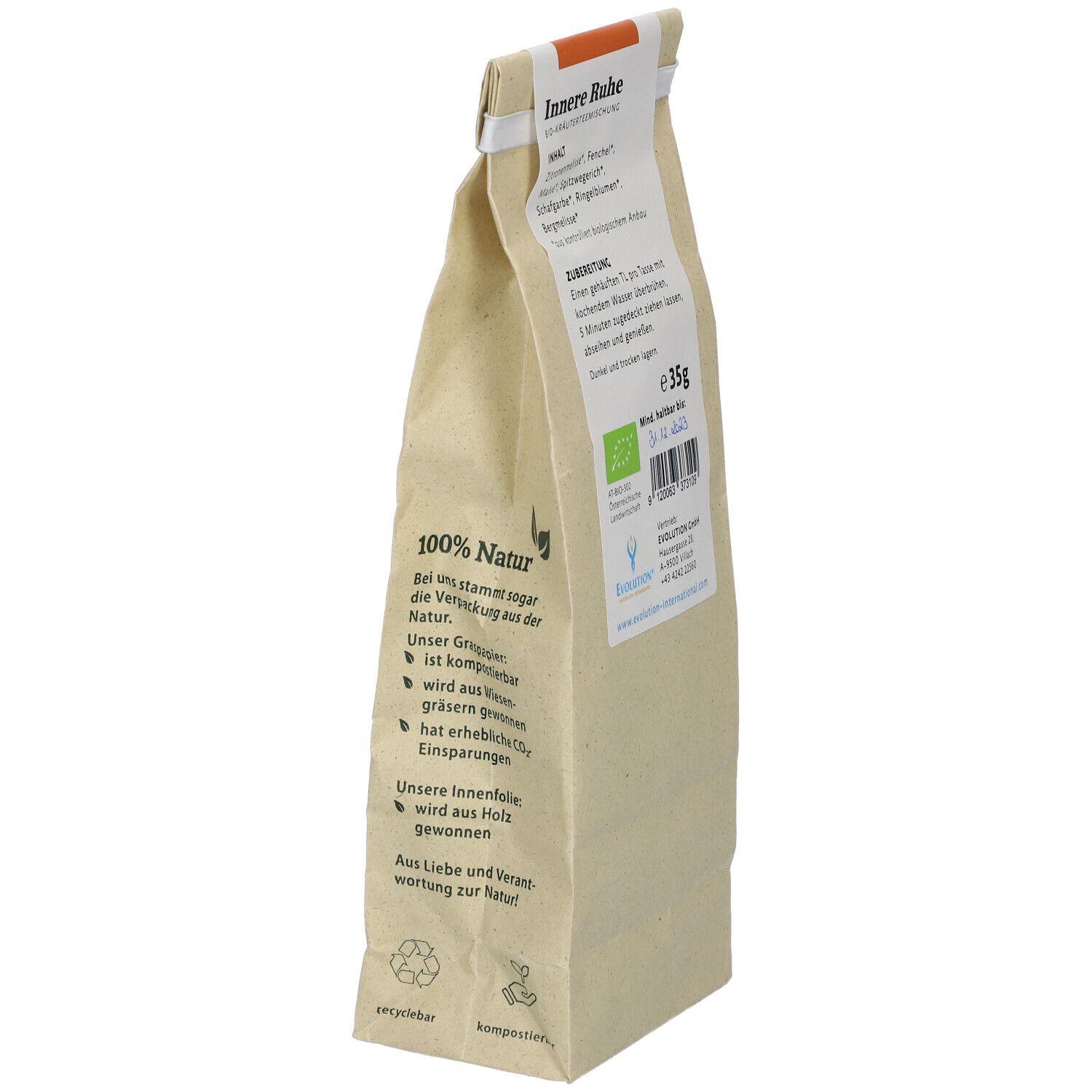 Rückseite des Kräutertee-Beutels. Aufschrift: Innere Ruhe, Zutaten, Zubereitung, Mind. haltbar bis. Bio-Siegel und Gewicht 35g.