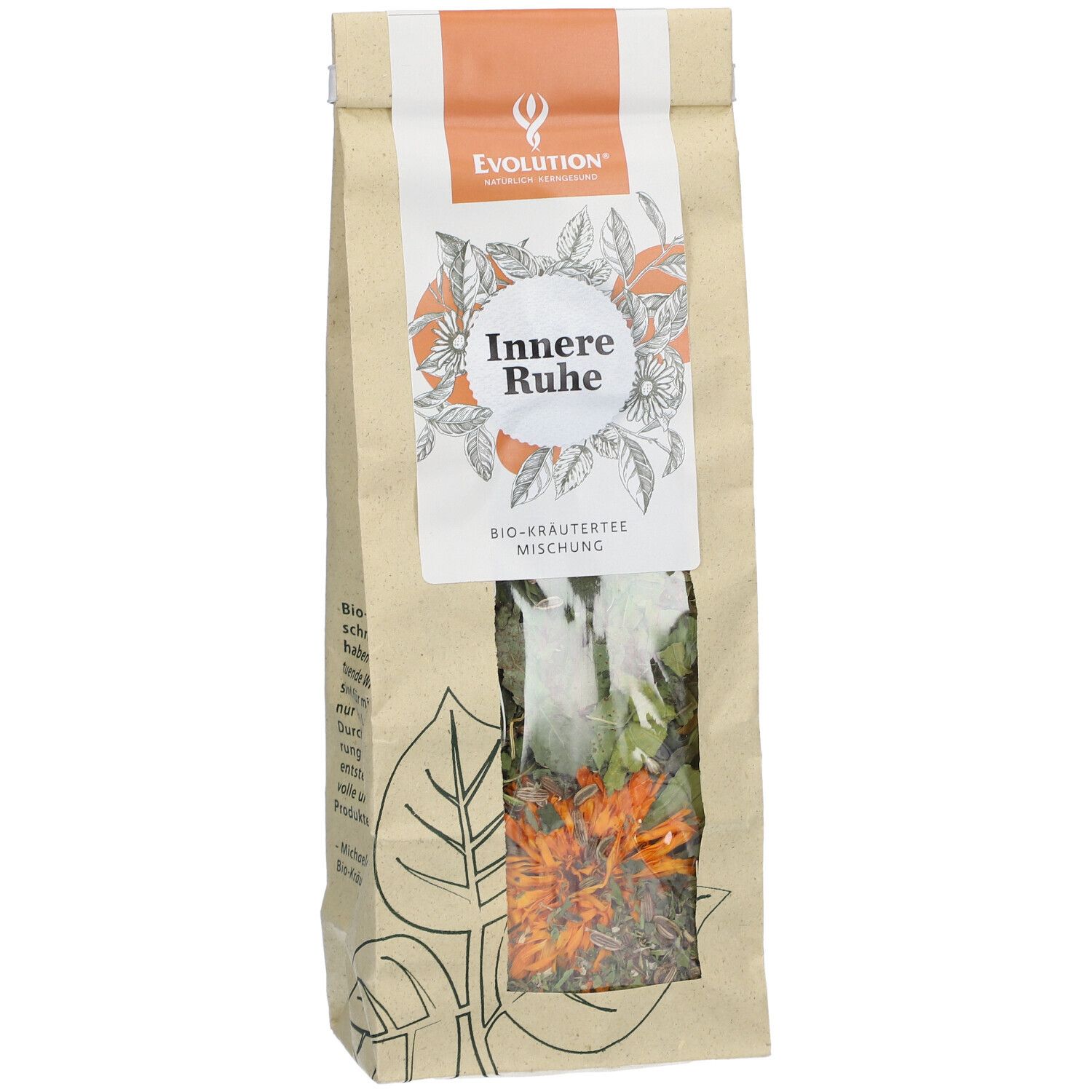 Beutel mit Kräutermischung. Aufschrift: Innere Ruhe, Bio-Kräutertee Mischung. Sichtbar: getrocknete Kräuter und Blüten.