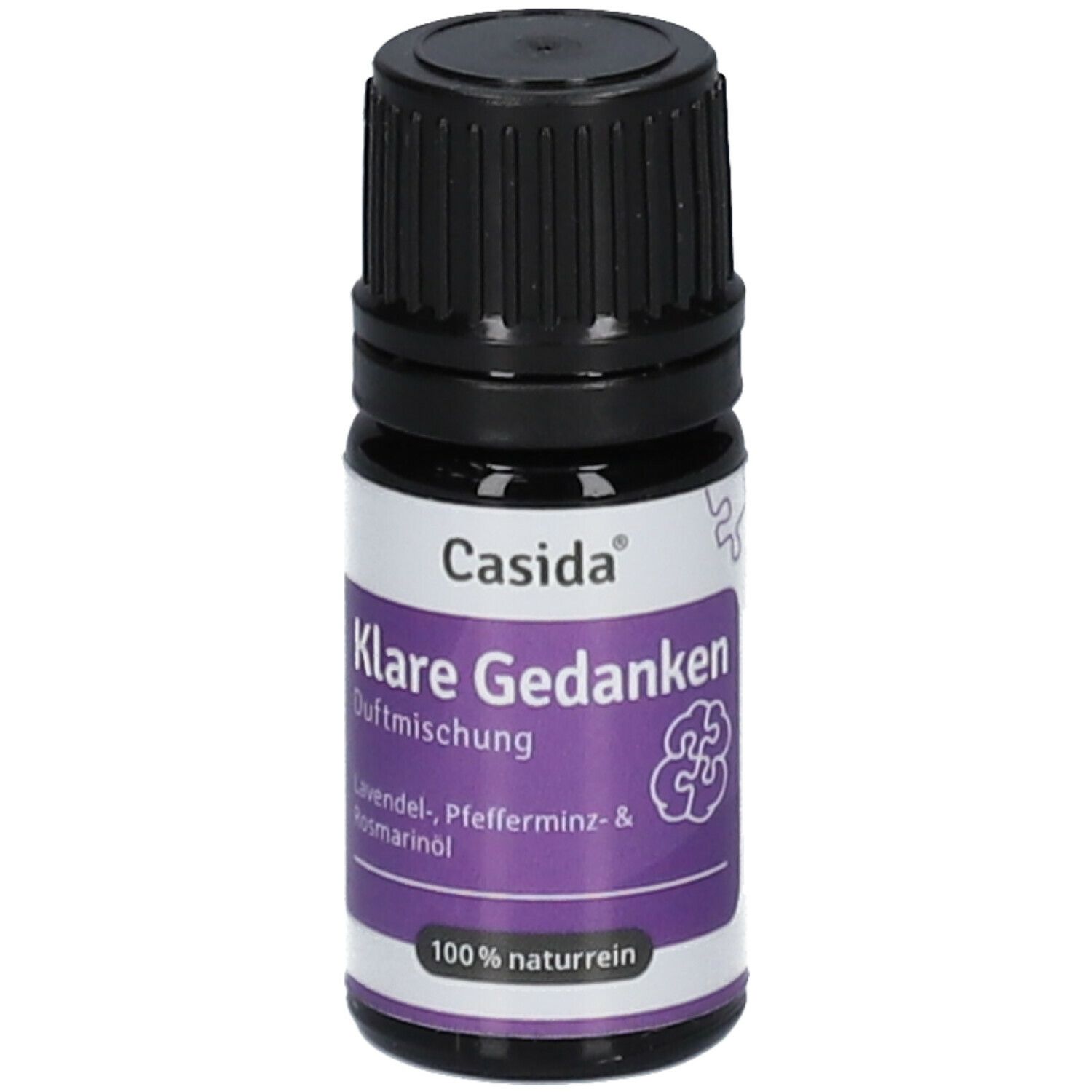 Kleine Glasflasche mit schwarzem Deckel. Aufschrift: Casida Klare Gedanken Duftmischung.