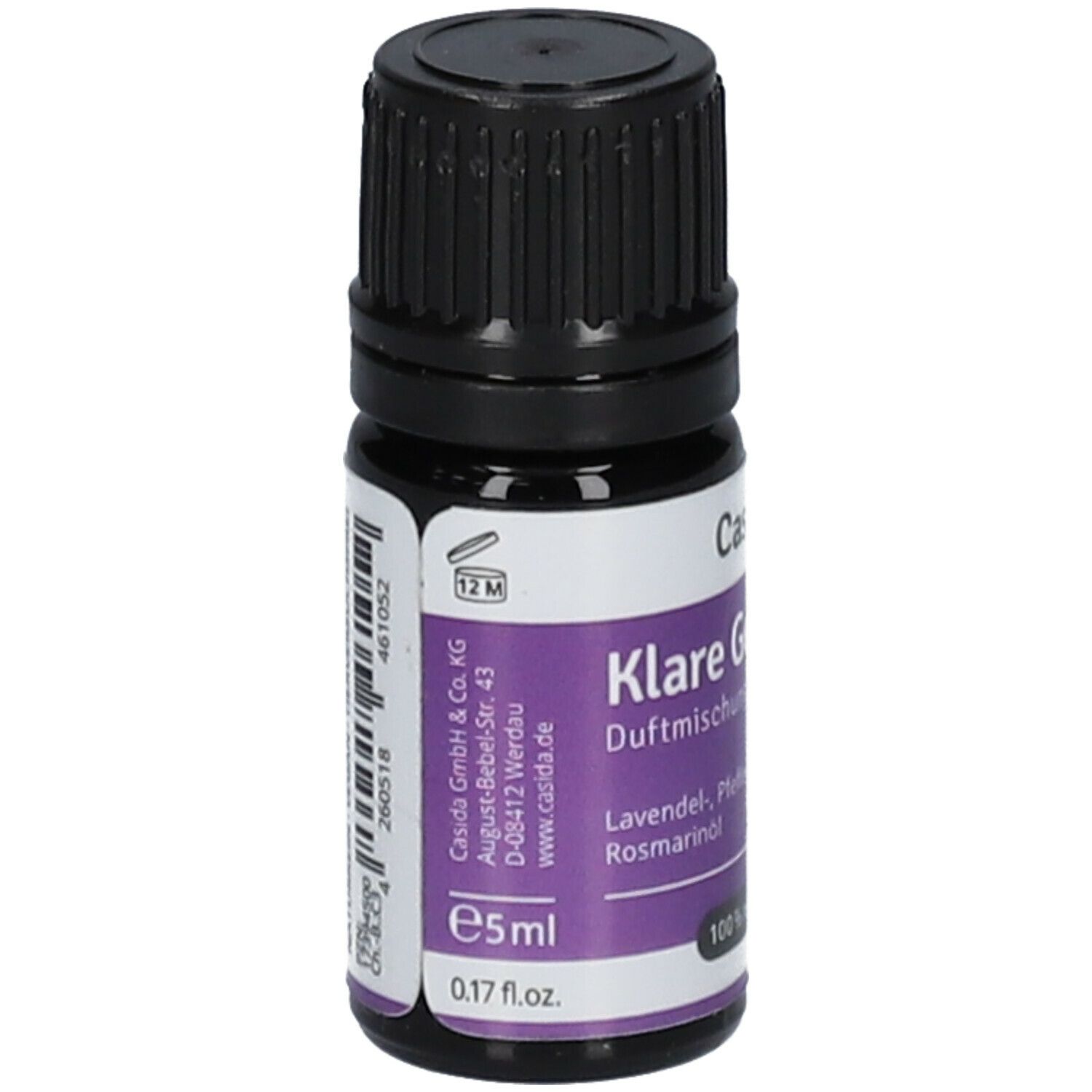 Kleine Glasflasche mit schwarzem Deckel. Aufschrift: Casida Klare Gedanken Duftmischung. 5ml.