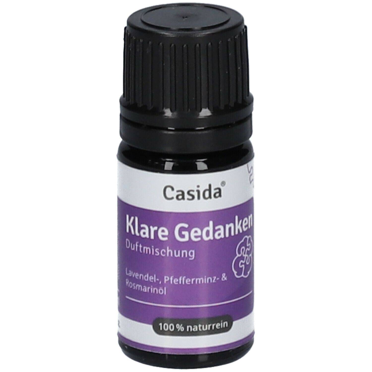 Kleine Glasflasche mit schwarzem Deckel. Aufschrift: Casida Klare Gedanken Duftmischung.