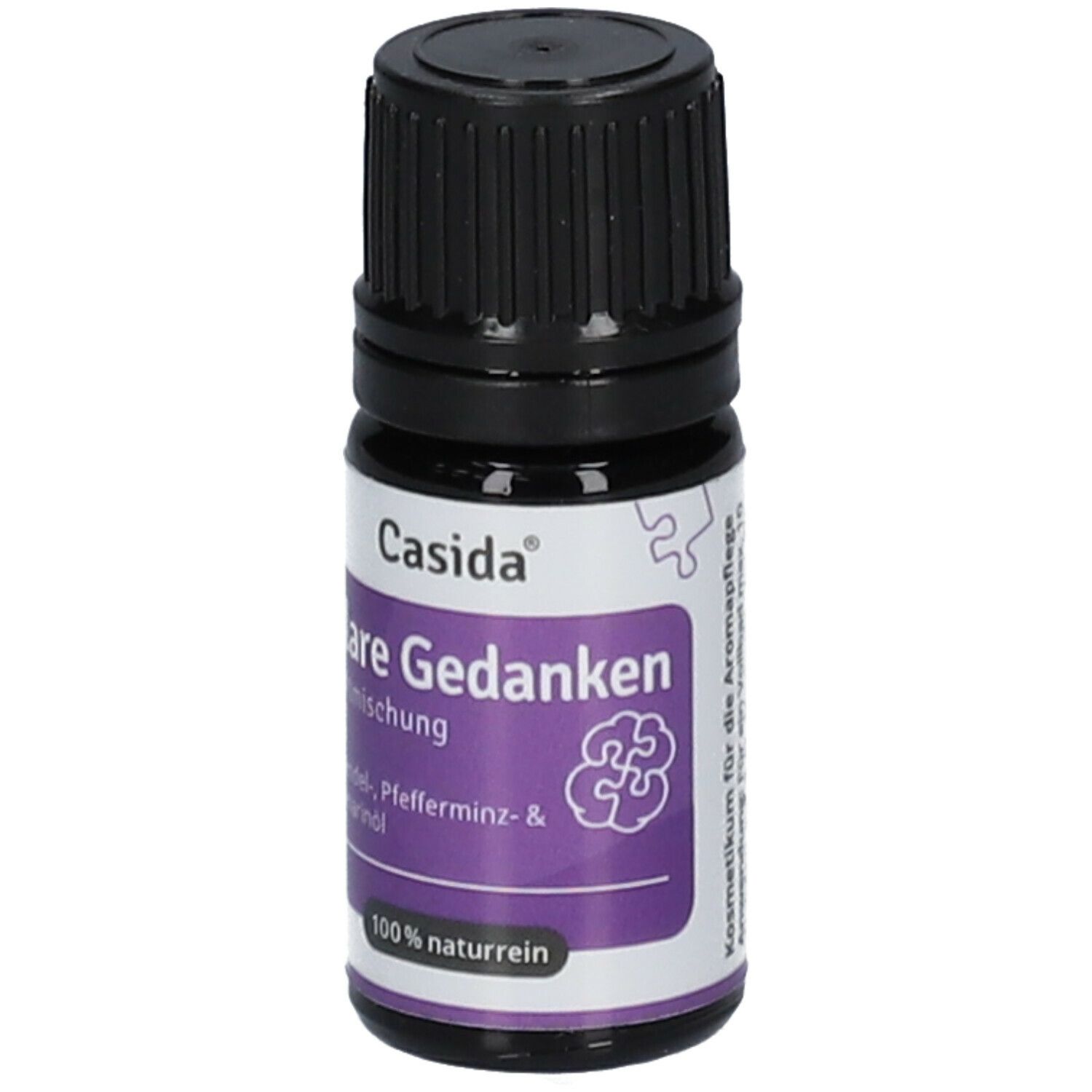 Kleine Glasflasche mit schwarzem Deckel. Aufschrift: Casida Klare Gedanken Duftmischung.
